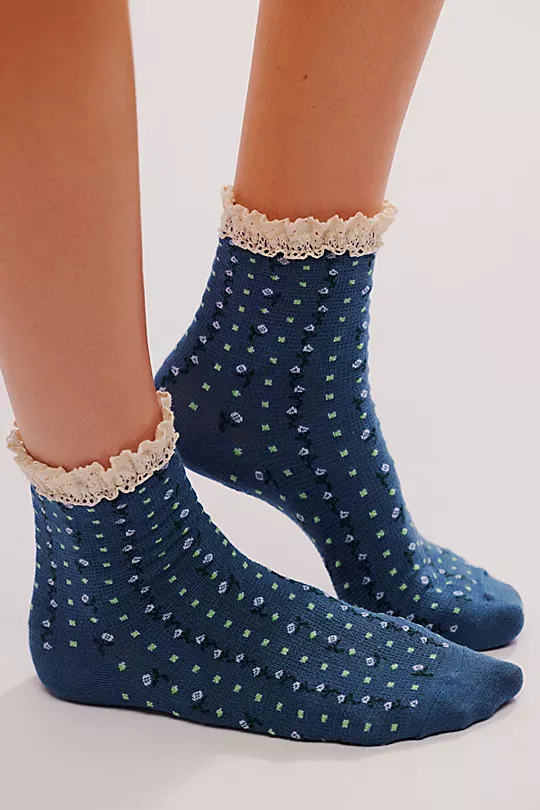 Floral Waffle Knit Socks Bule