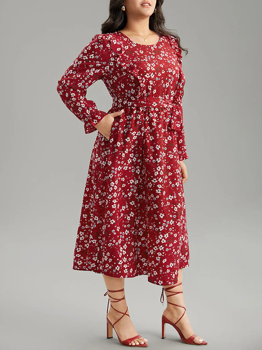 Red Elegant Advanced Floral Waist Midi Dress