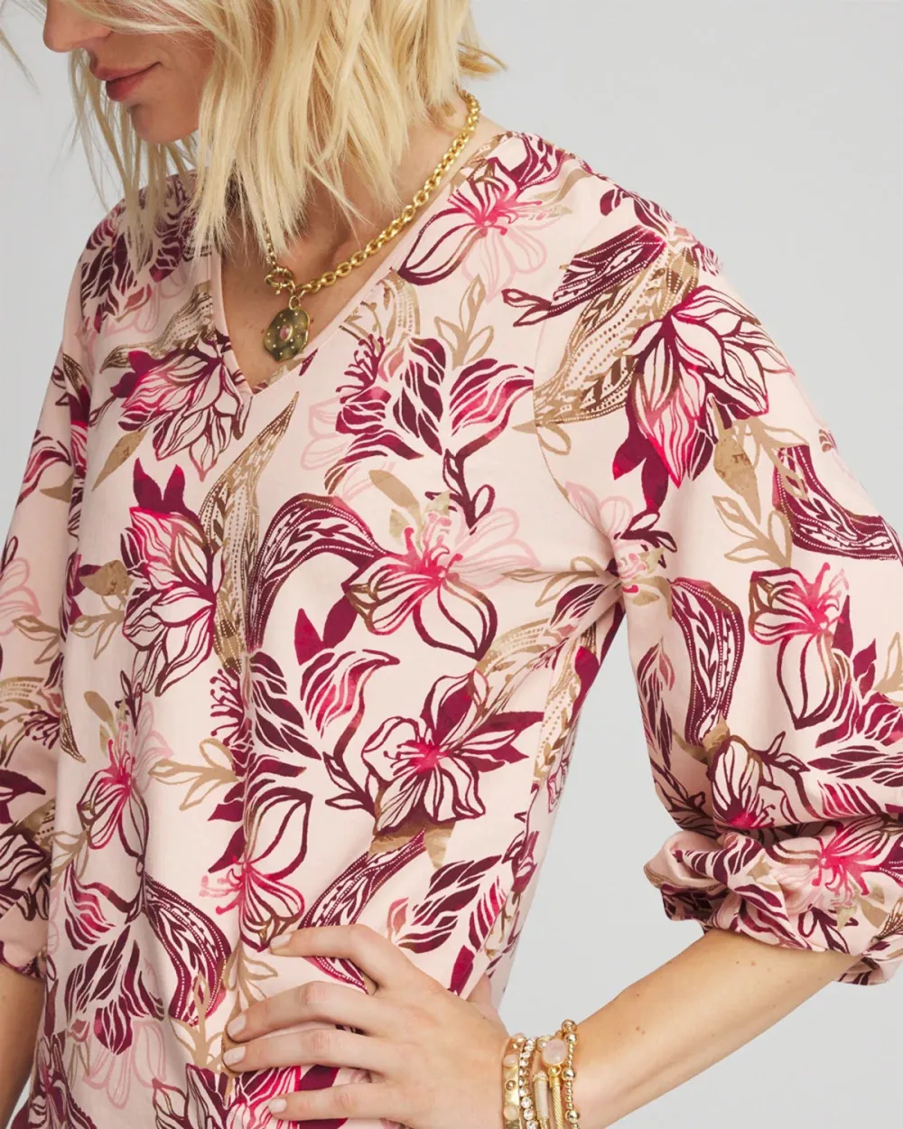 Pink Floral Puff Sleeve Blouse