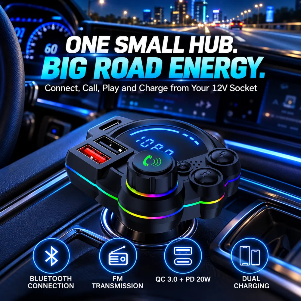 Universal Dual-Port Car FM Bluetooth Transmitter – Wireless Music, Hands-Free Calling & Dual USB Charger