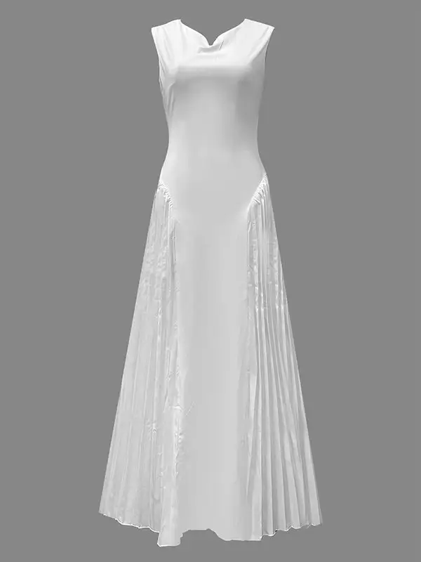 Loose Color Pleated Neck Maxi Dress