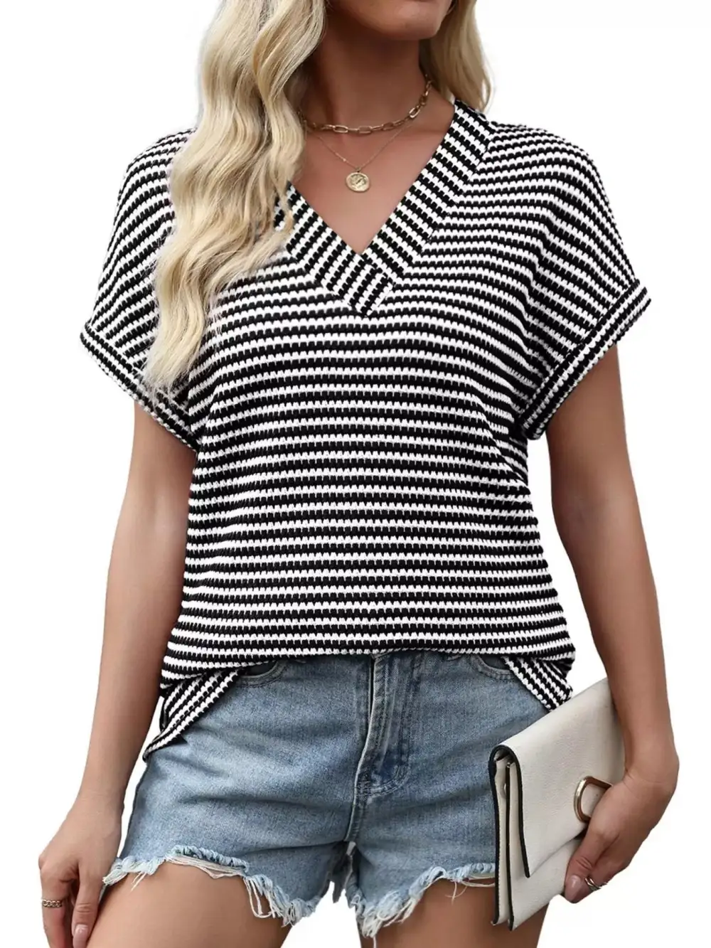 Striped V Neck Relaxed Fit T Shirt