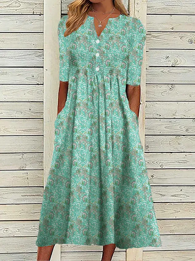 Women's Casual Floral Dress Short Sleeve Blue Dress Pocket V Neck Midi Dress