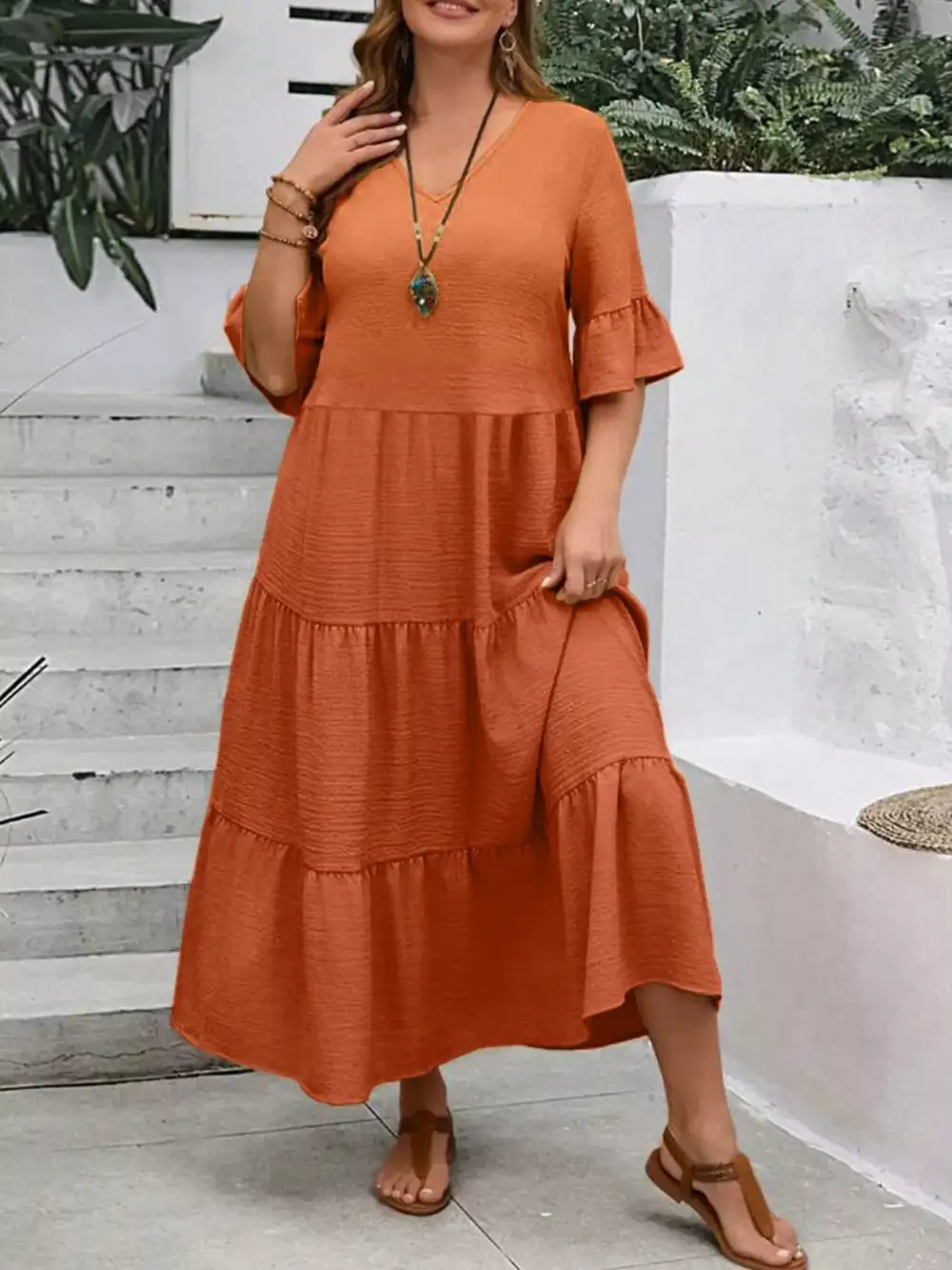 Plus Size Ruffle Sleeves Tiered Midi Dress