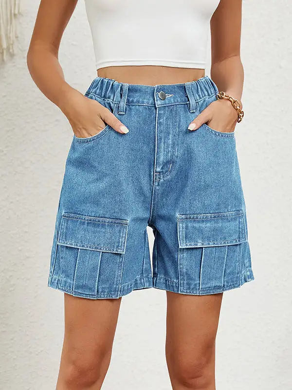 Denim Shorts Met Hoge Taille Losse Elasticiteit Zakken