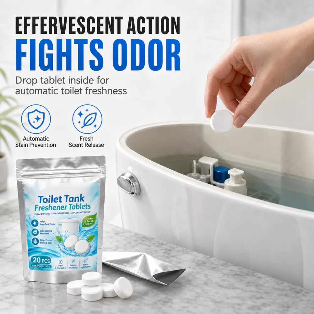 20 Pack Toilet Tank Freshener Tablets – effervescent action fights odor, slow release cleans constantly. Gentle on plumbing! 🧼