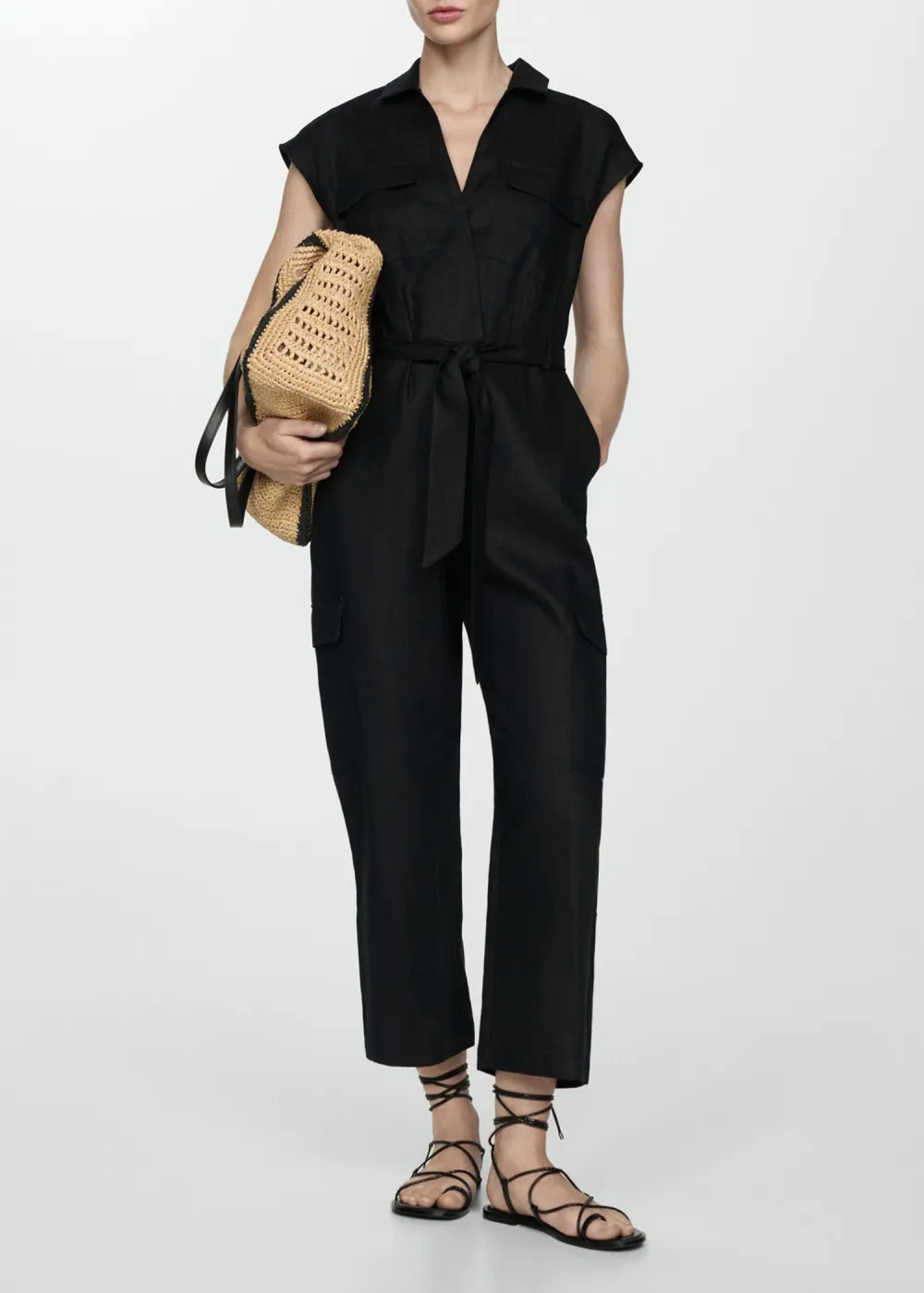 Cargo-style linen jumpsuit