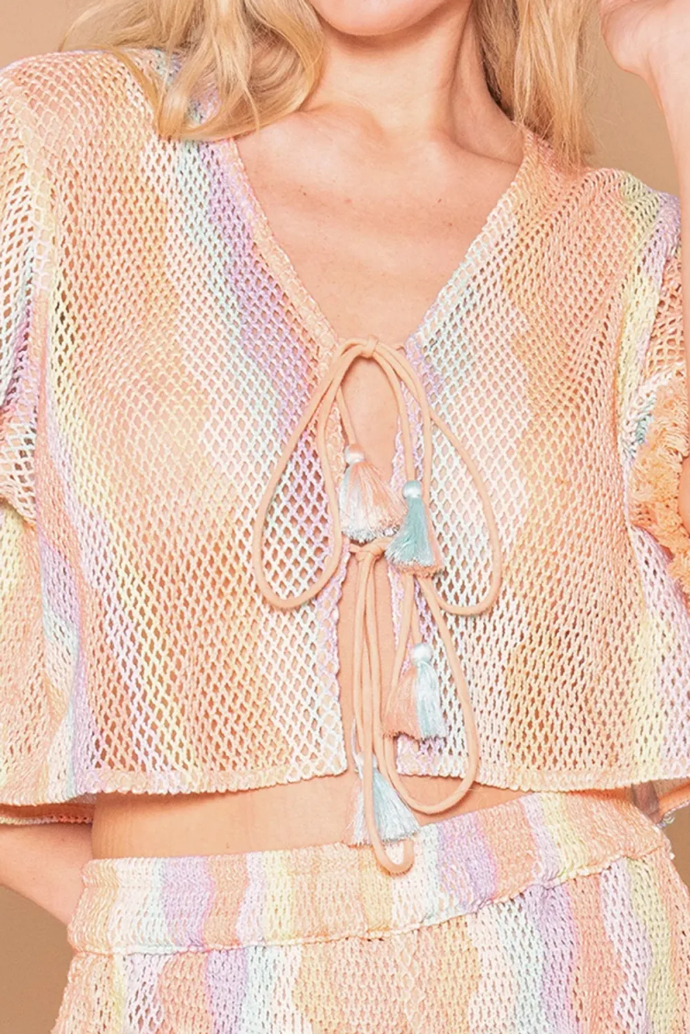 Pastel Colored Mesh Tie Front Crop Top