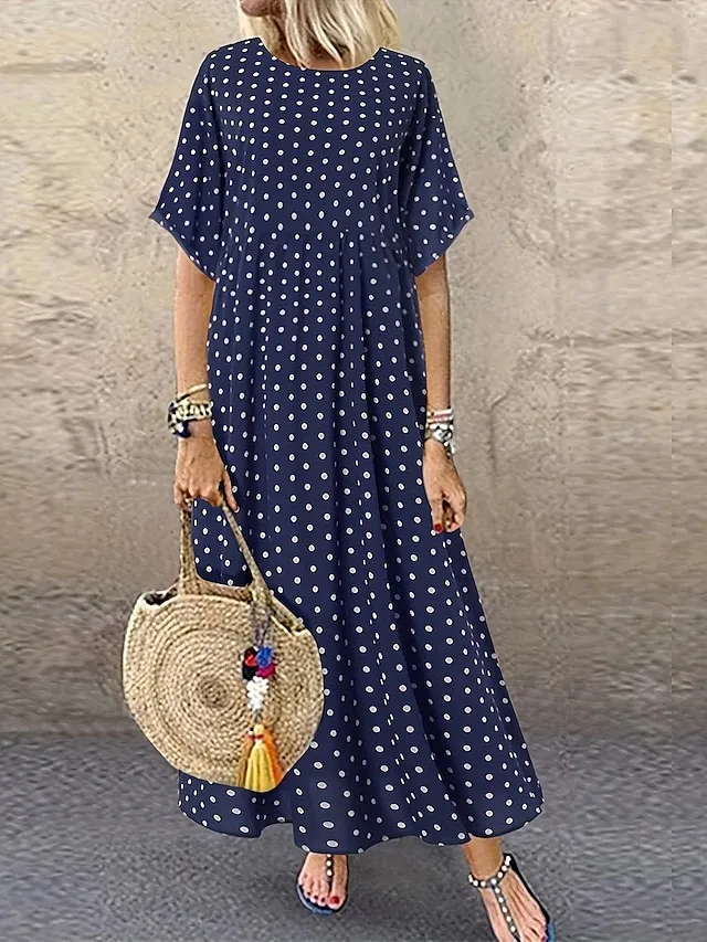 Women's Plus Size Curve Casual Dress Polka Dot Long Dress Maxi Dress Short Sleeve Crew Neck Fashion Outdoor Yellow Red Summer XL 2XL 3XL 4XL 5XL