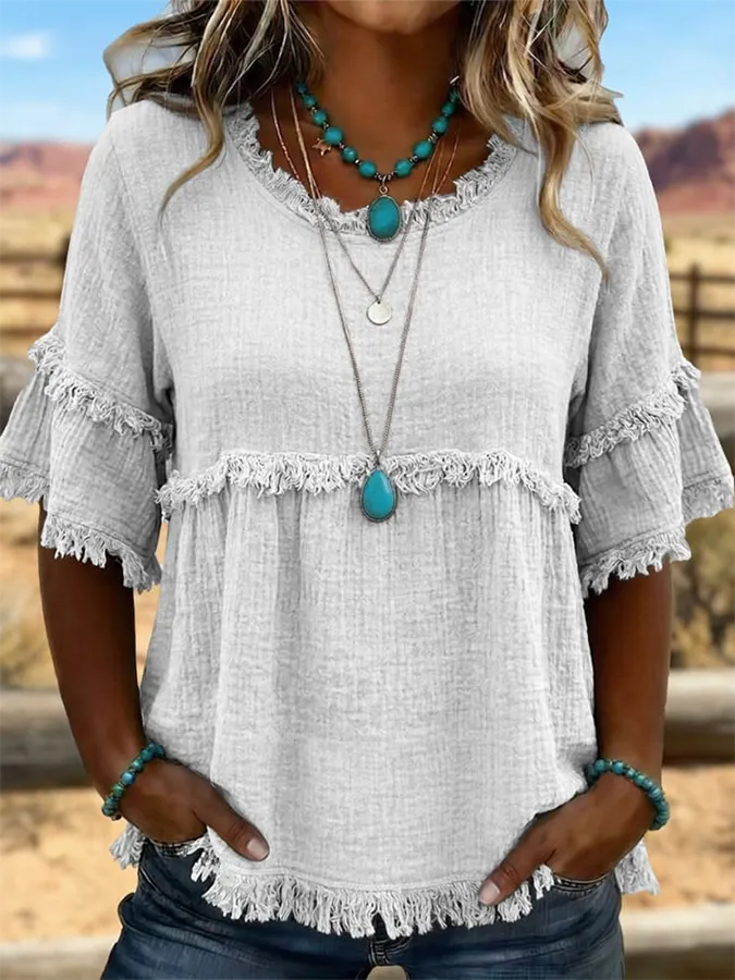 Women's Retro Art Fringed Casual Western Cotton And Linen Shirt