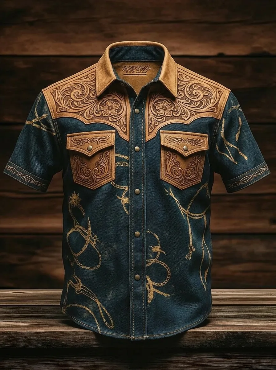 Men's Western Cowboy Lasso Floral Tooled Leather Printed Shirt