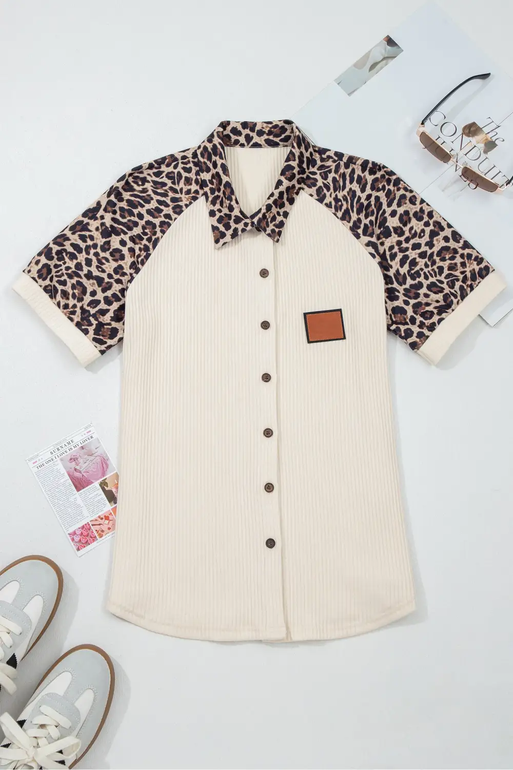 White Ribbed Texture Button Down Leopard Patchwork Short Sleeve Shirt