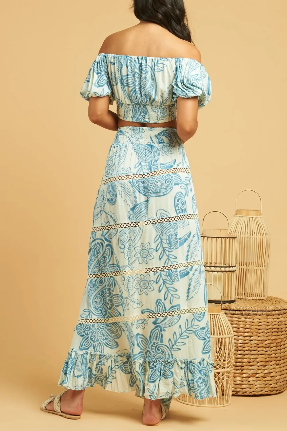 Blue Print Off Shoulder Crop Top