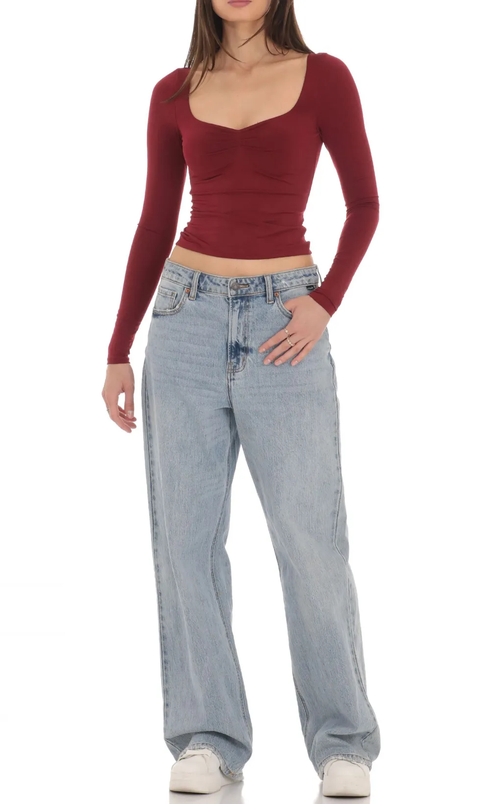 Fitted Long Sleeve Top In Maroon