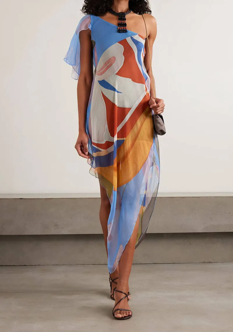 One Shoulder Asymmetrical Print Chiffon Midi Dress