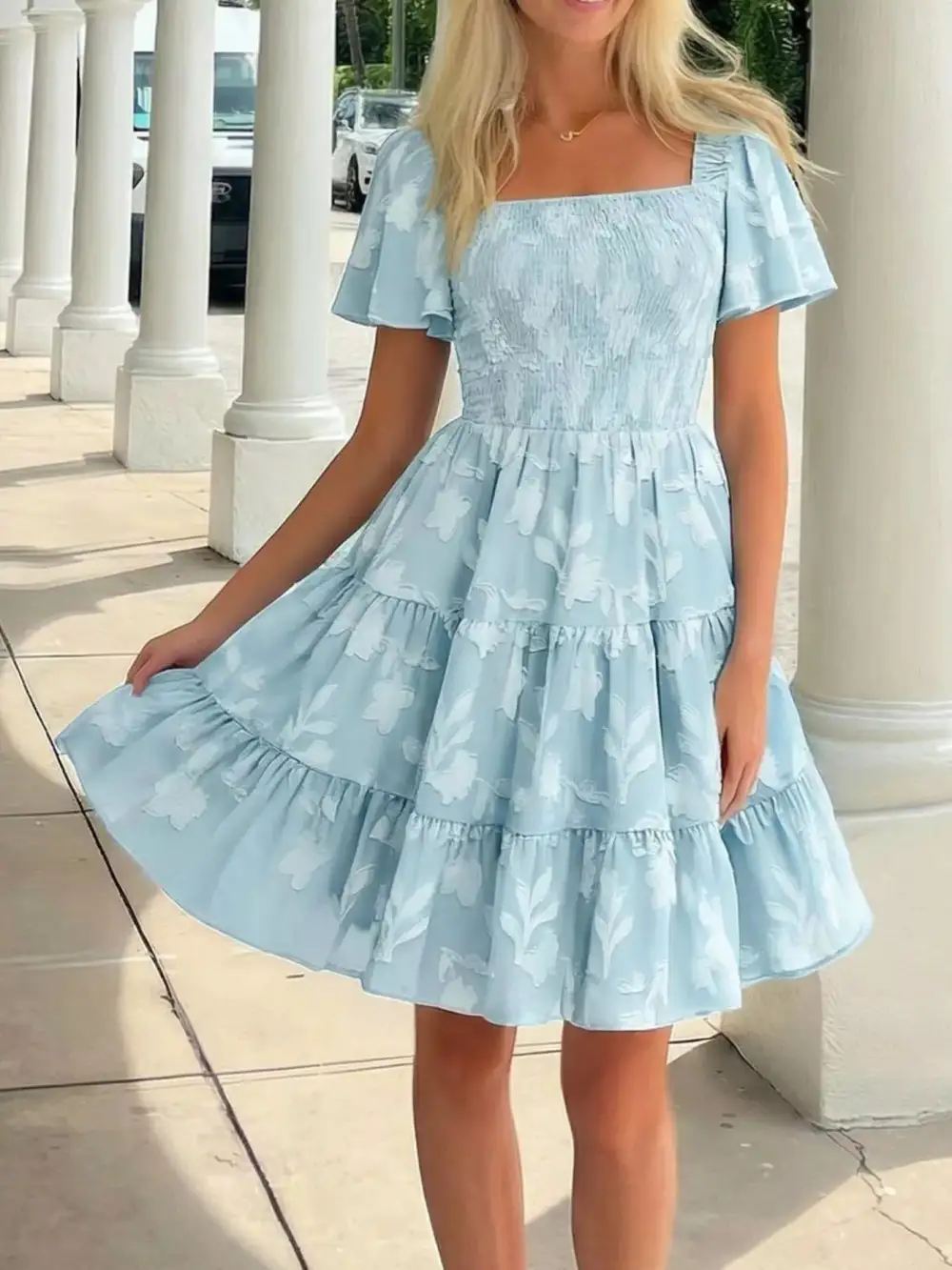 Square Neck Tiered Smocked Mini Dress
