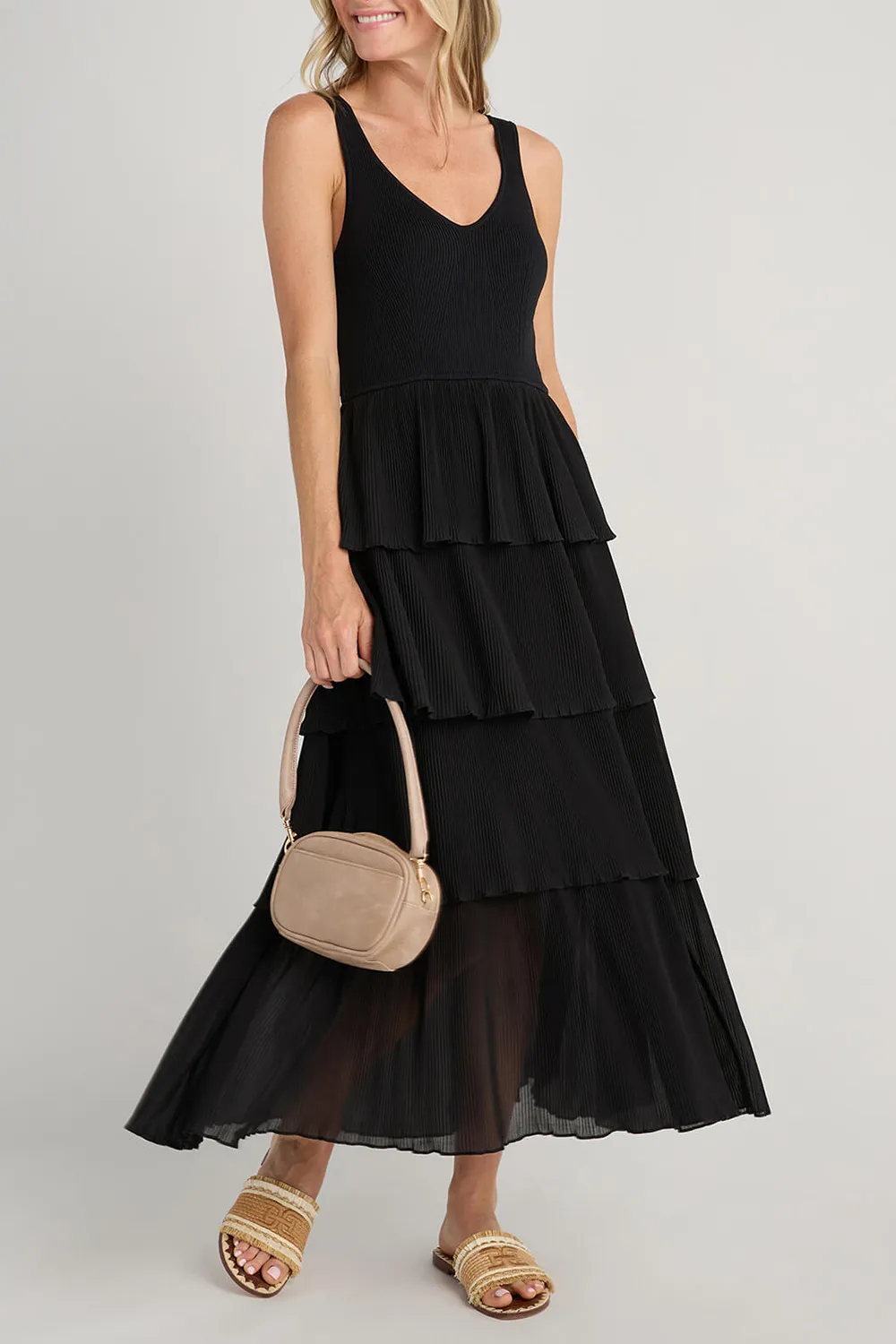Merci Pleated Tiered Midi Dress - redorange