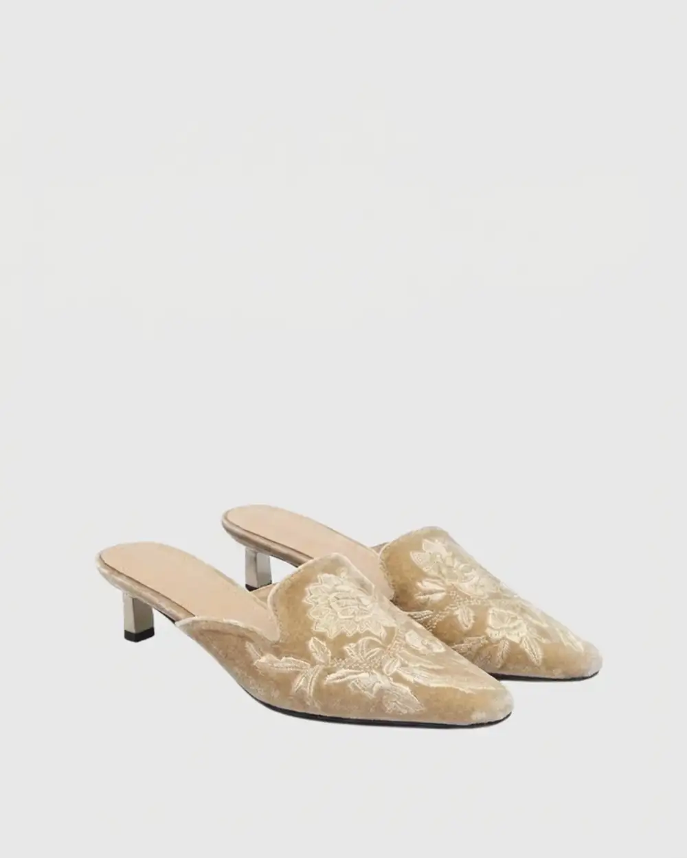 Embroidered Satin Mules in Nude