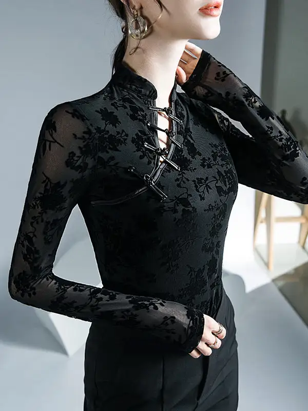 Long Sleeve Slim Fit Button Detail Floral Print Mesh Mock Neck T-Shirt