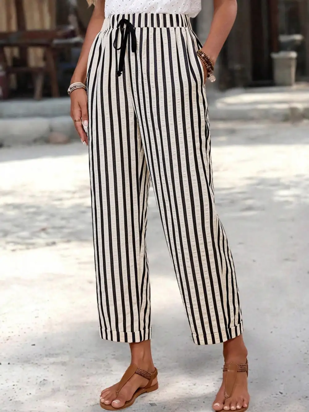 Striped High Waisted Cropped Pants