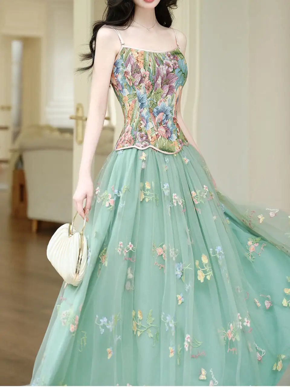 Floral Embroidered Tulle Evening Gown