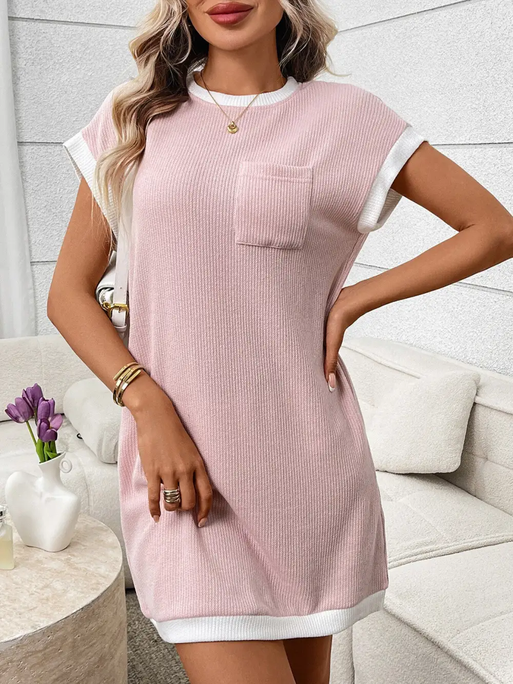 Ribbed Knit Pocketed Mini Dress