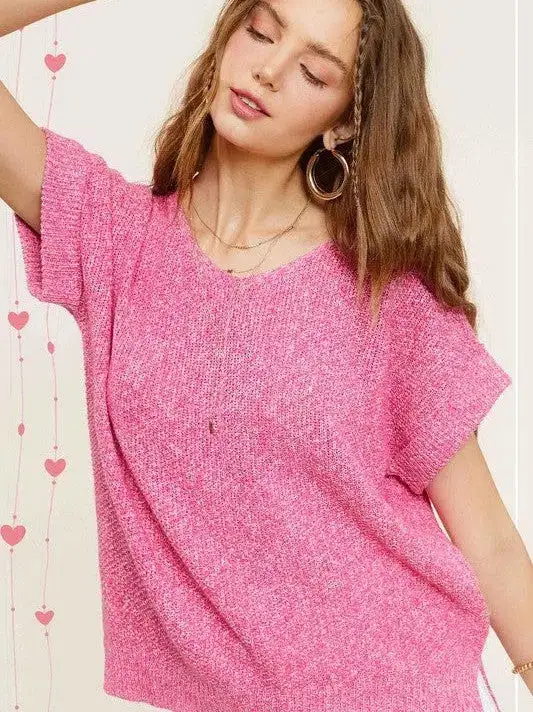 Classy and Fabulous Soft V-Neck Short Sleeve Sweater Top