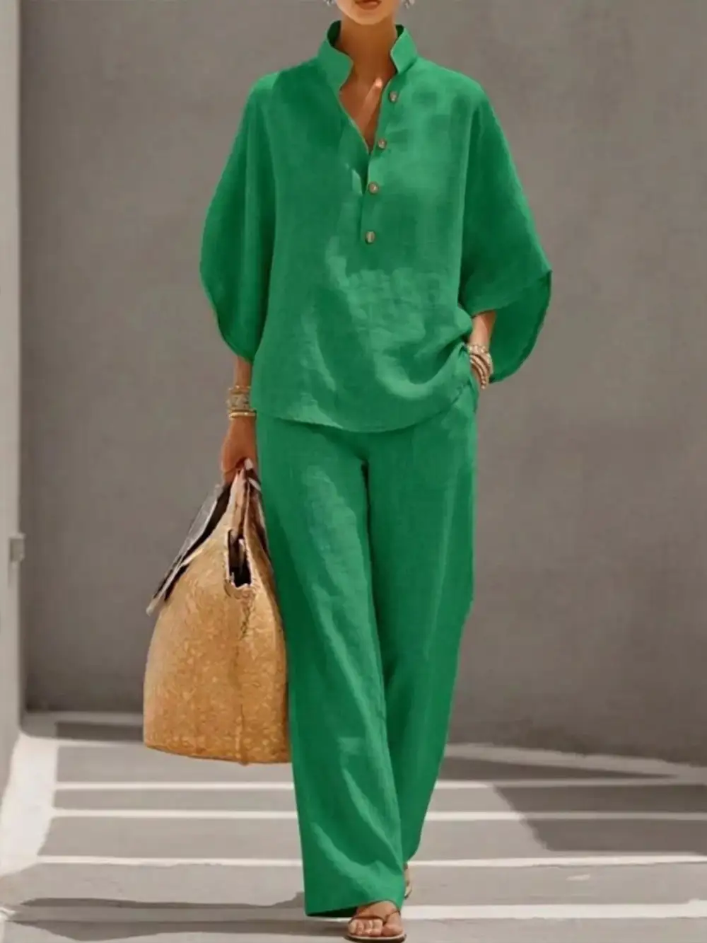 Button Detail Sleeve Top and Pants Set