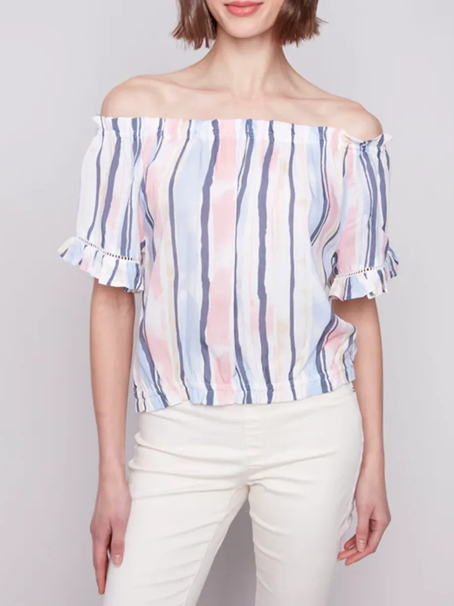 Striped High-End Off-Shoulder Short Sleeves