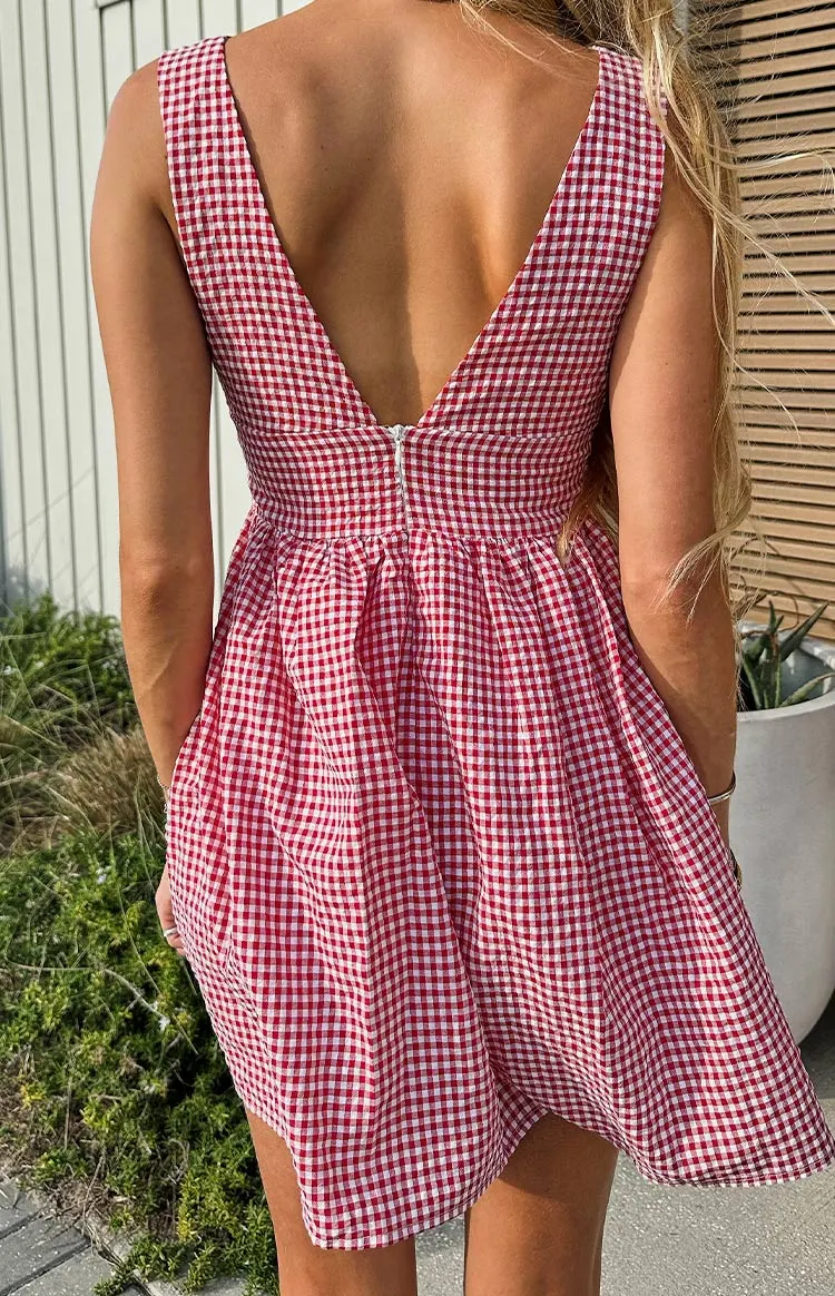 A Line V Neck Gingham Mini Dress