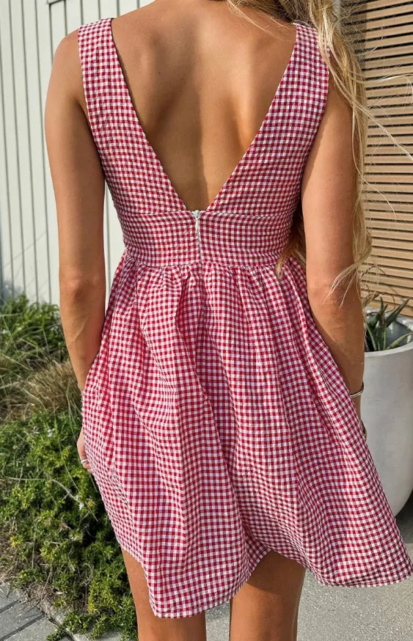 A Line V Neck Gingham Mini Dress