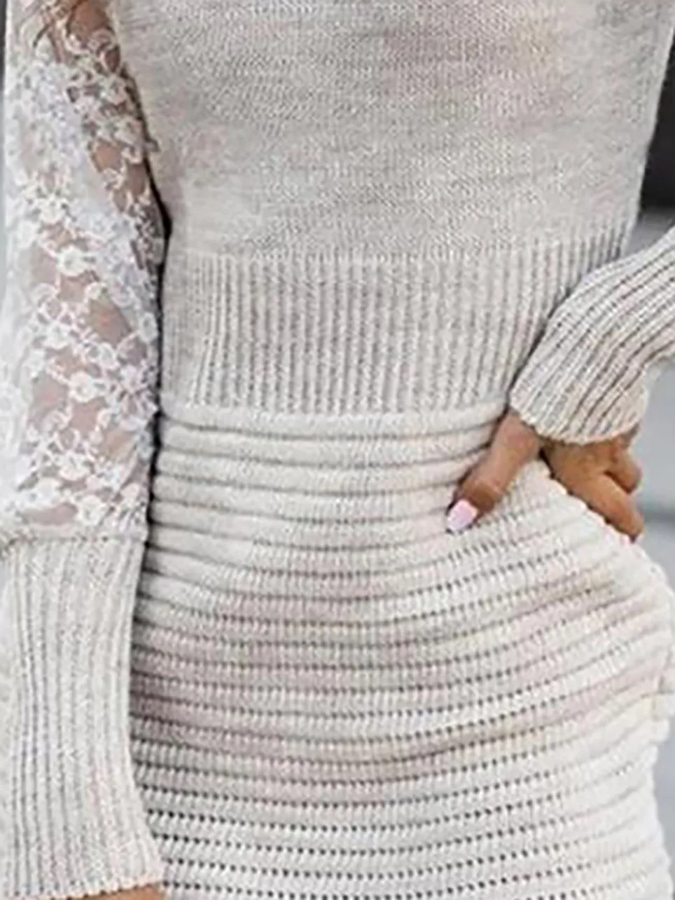 V-Neck Lace Sleeve Knit Mini Dress