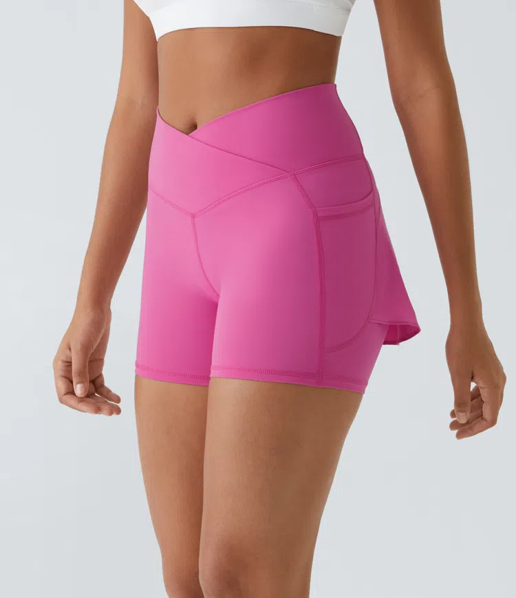 High Waisted Crossover Side Pocket Back Flare Quick Dry Yoga Shorts