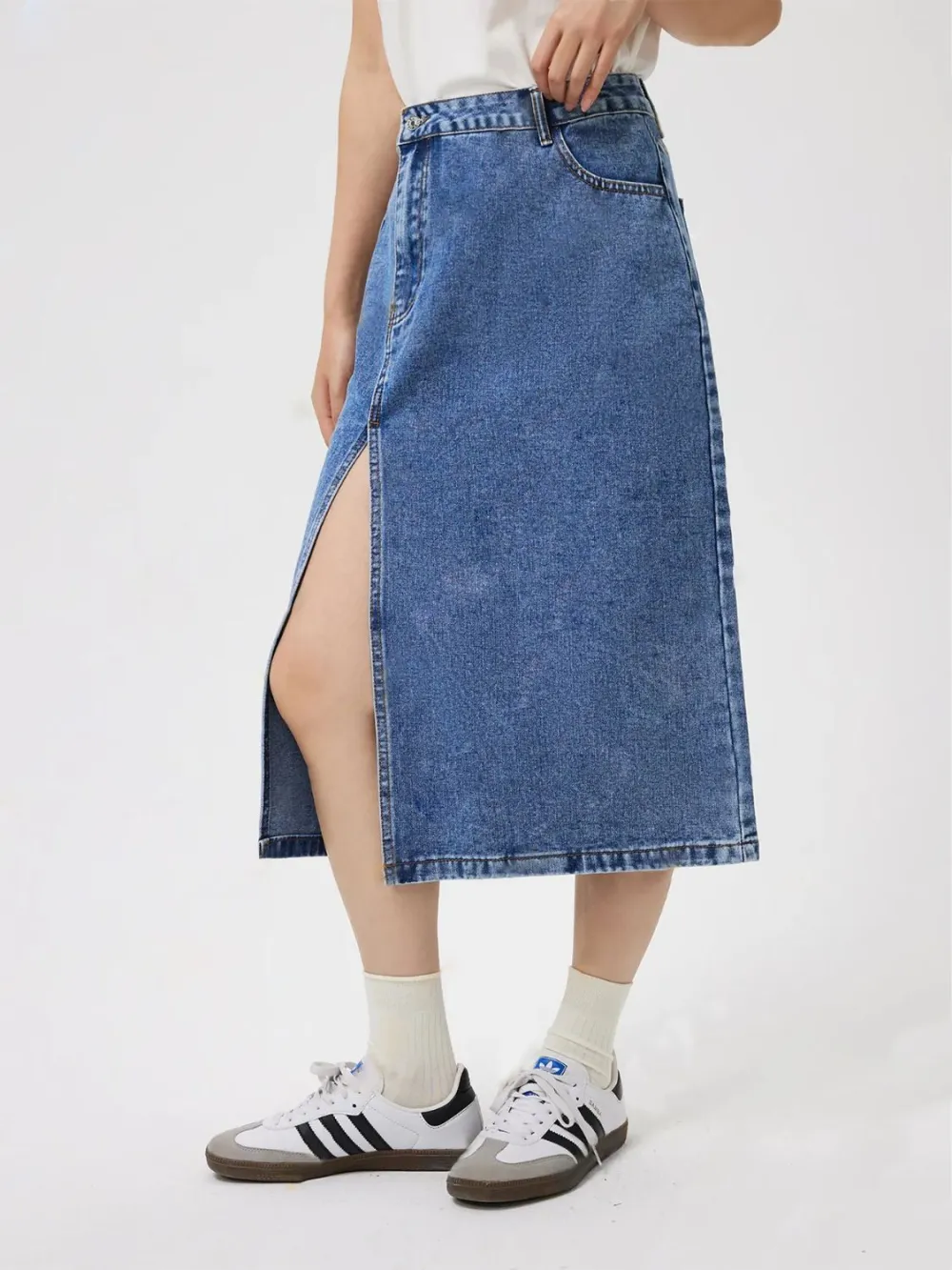 Slit Midi Denim Pockets Skirt