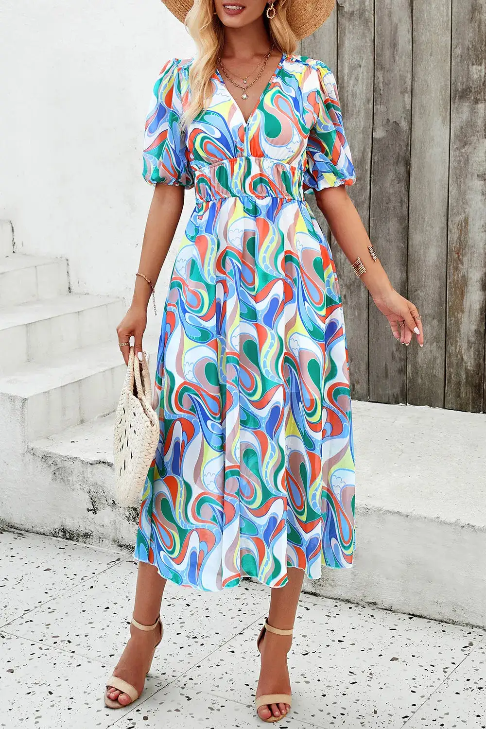 Smocked Printed V Neck Casual Dress