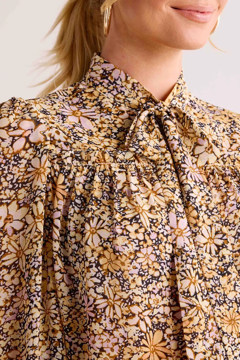 Neutral Floral Print Stand Collar Long Sleeve Blouse