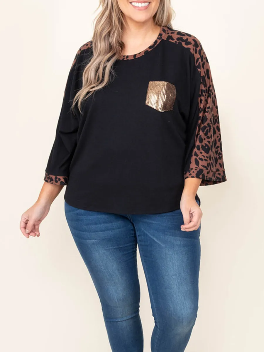 Spliced Leopard Patch Pocket Sequin T-Shirt