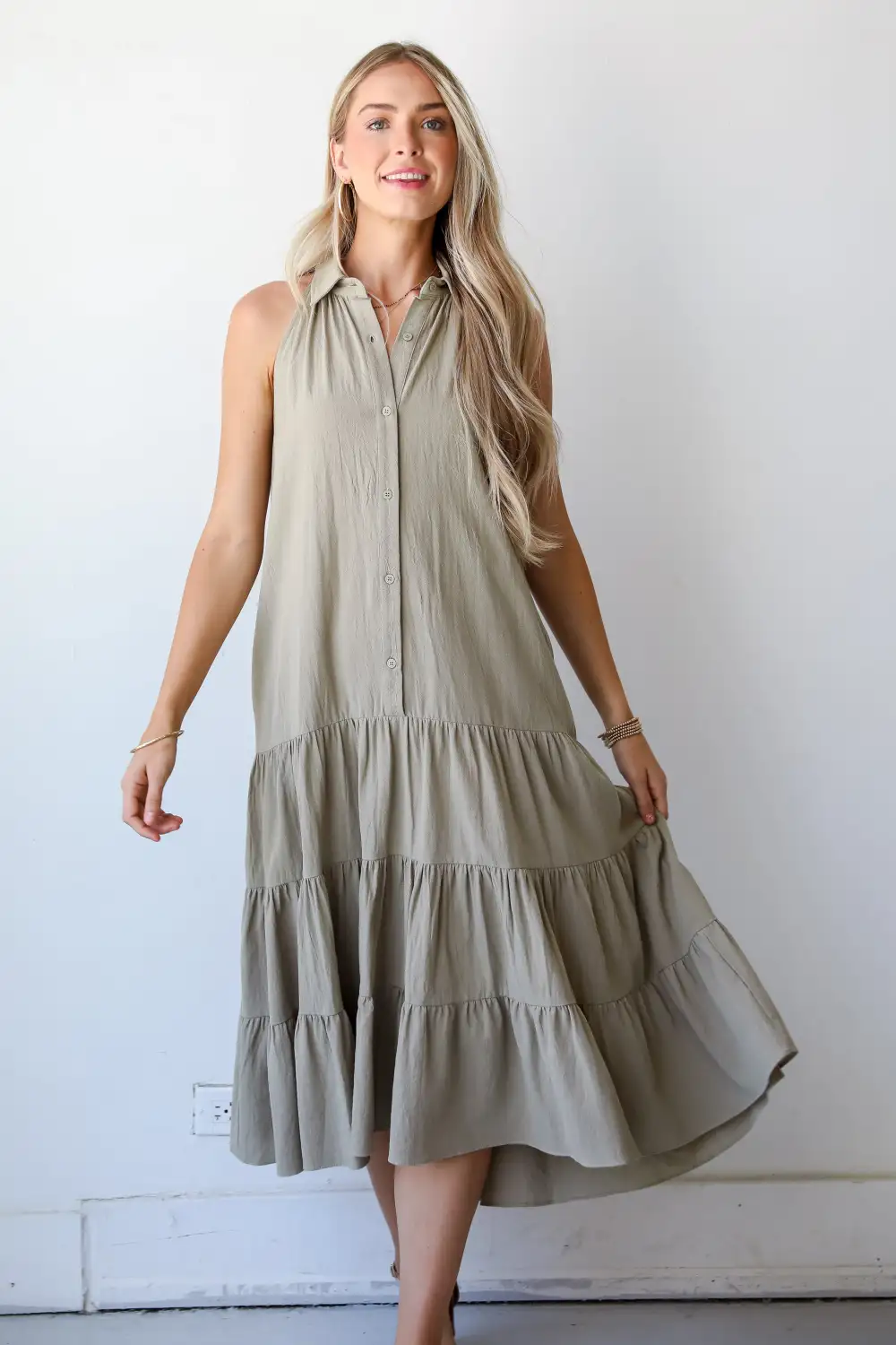 Sweet Destiny Light Olive Tiered Midi Dress