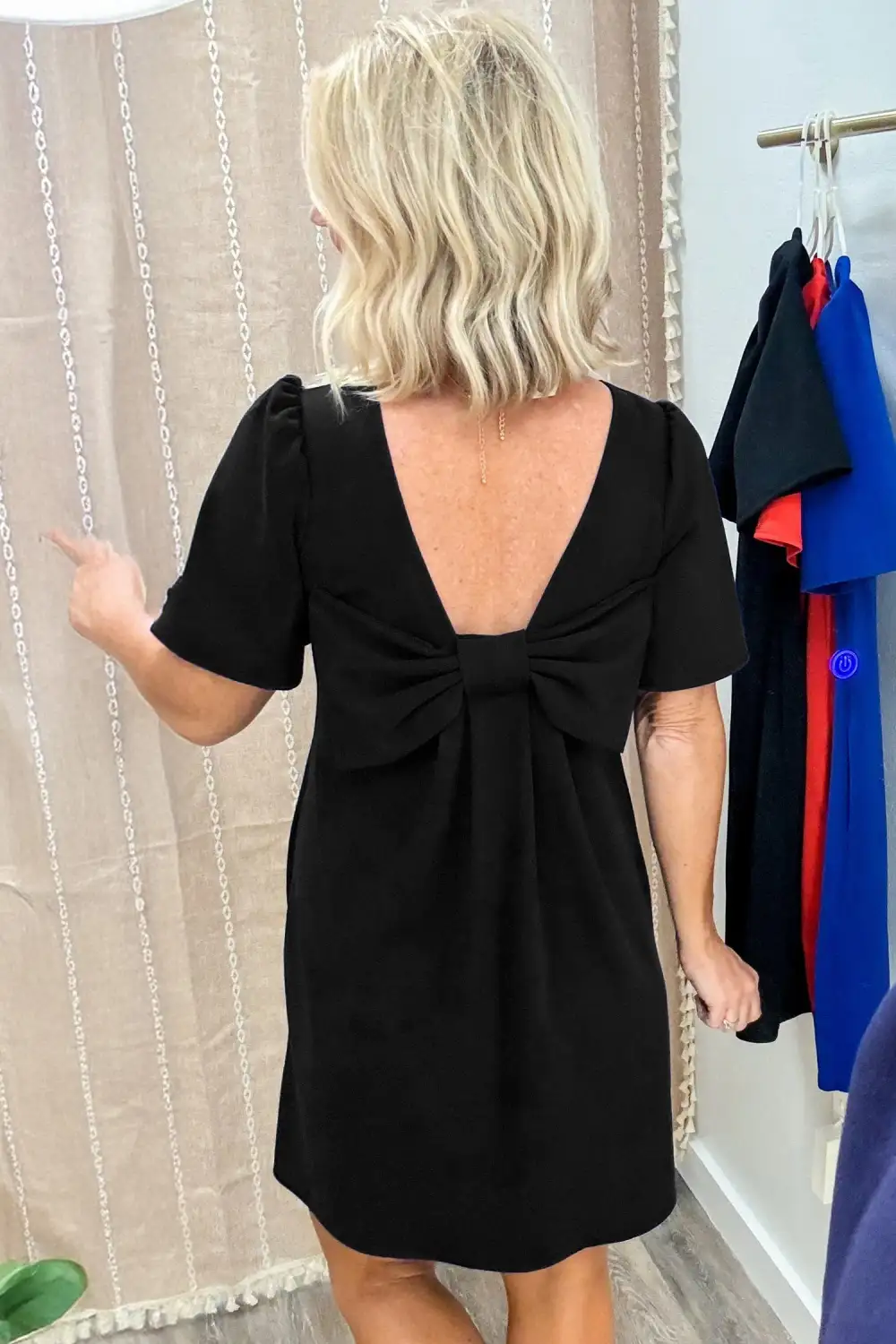 Bow Decor Backless Short Sleeve Shift Mini Dress