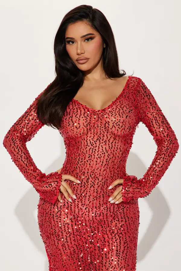 Alicia Sequin Crochet Maxi Dress - Red