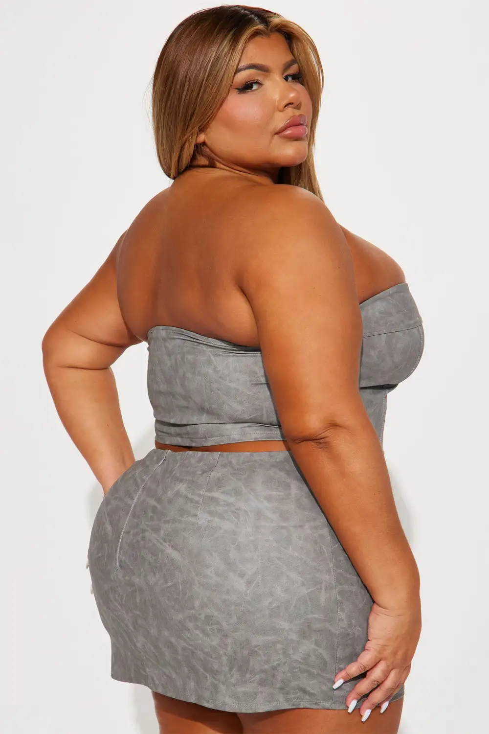 Gimme More Faux Leather Skirt Set - Grey
