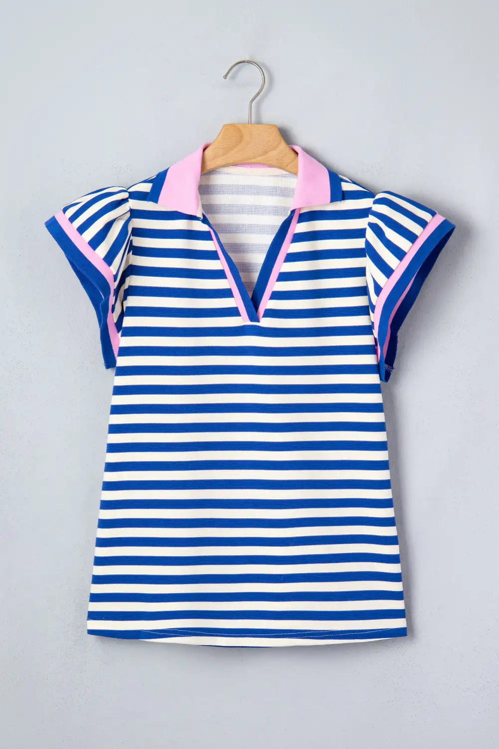 Blue Stripe Contrast Trim Polo Collar Ruffled Short Sleeve Blouse