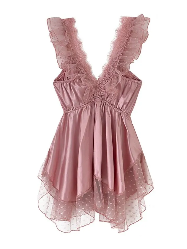 Deep V Sexy Romantic Elegant Lace Silk Nightdress