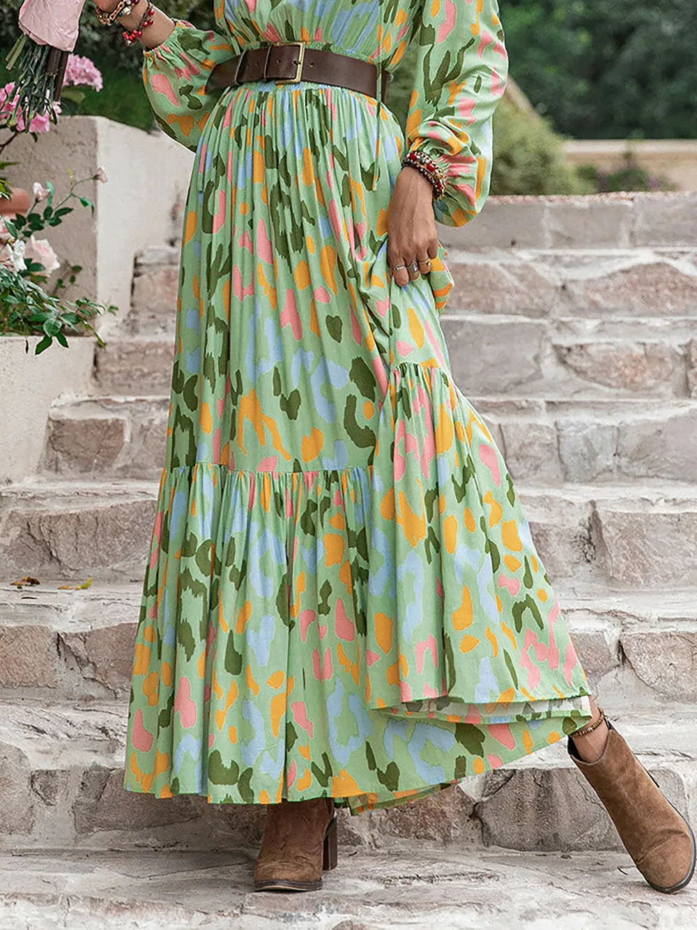 Printed Tie Neck Long Sleeve Maxi Dress