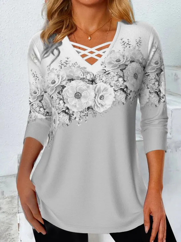 Casual Floral V Neck Long Sleeve T-shirt