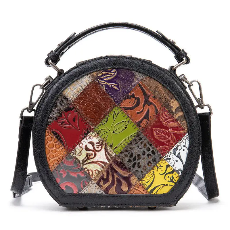 Small Cylindrical Cowhide Leather Handbag Retro Geometric