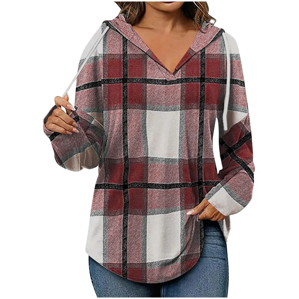V-Neck Adjustable Drawstring Casual Plaid Long Sleeve
