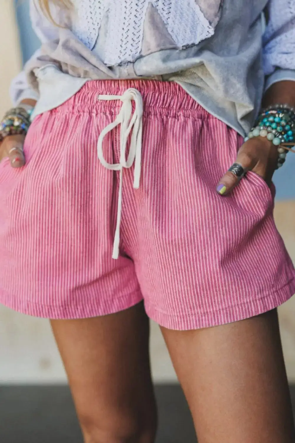 Striped Elastic Waist Casual Shorts