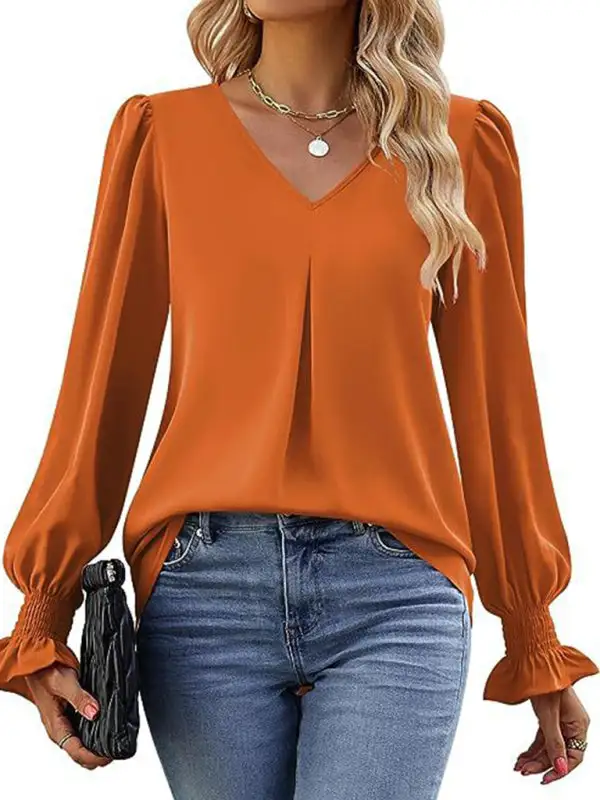 Pleated Chiffon V-Neck Blouse