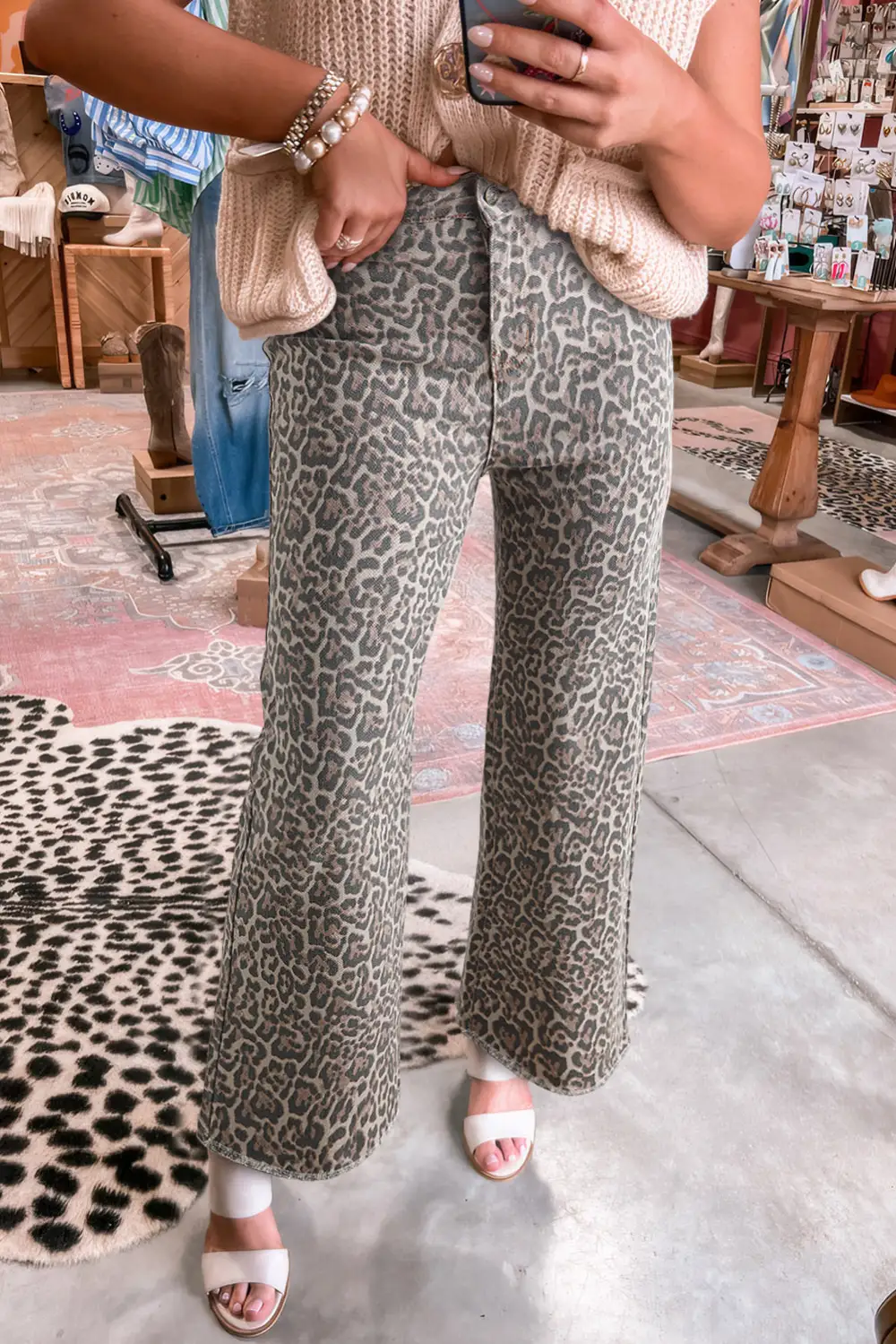 Street Leopard Frayed Edge Wide Leg High Waist Jeans